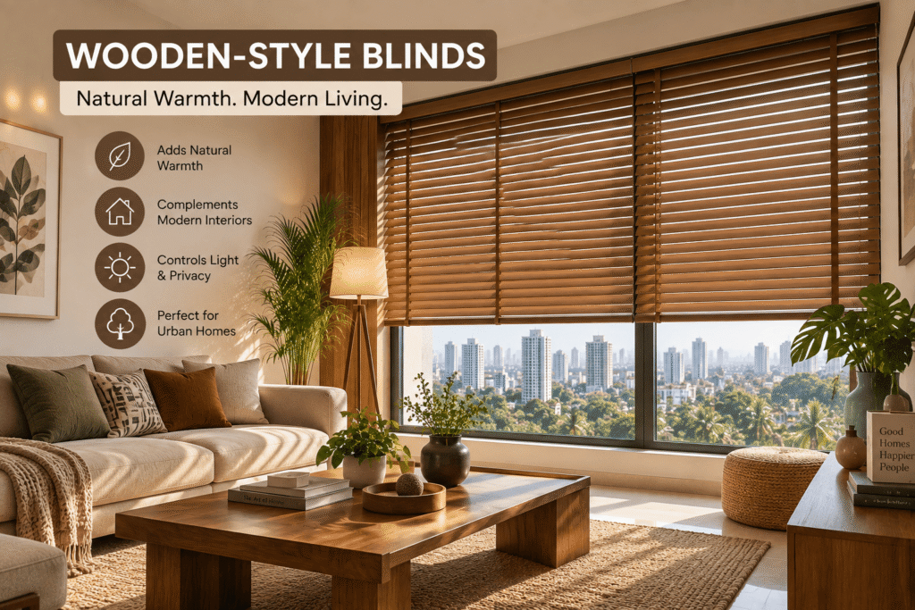 Wooden-style blinds in a contemporary Mumbai interior