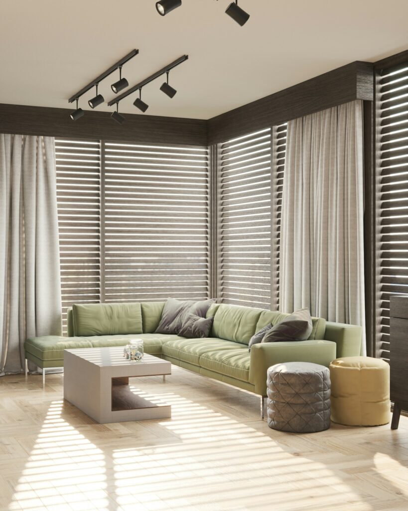 Modern living room with roller blinds