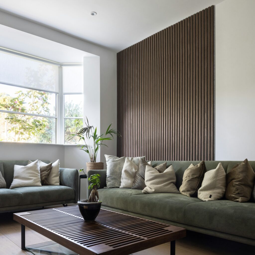 Modern living room with vertical blinds