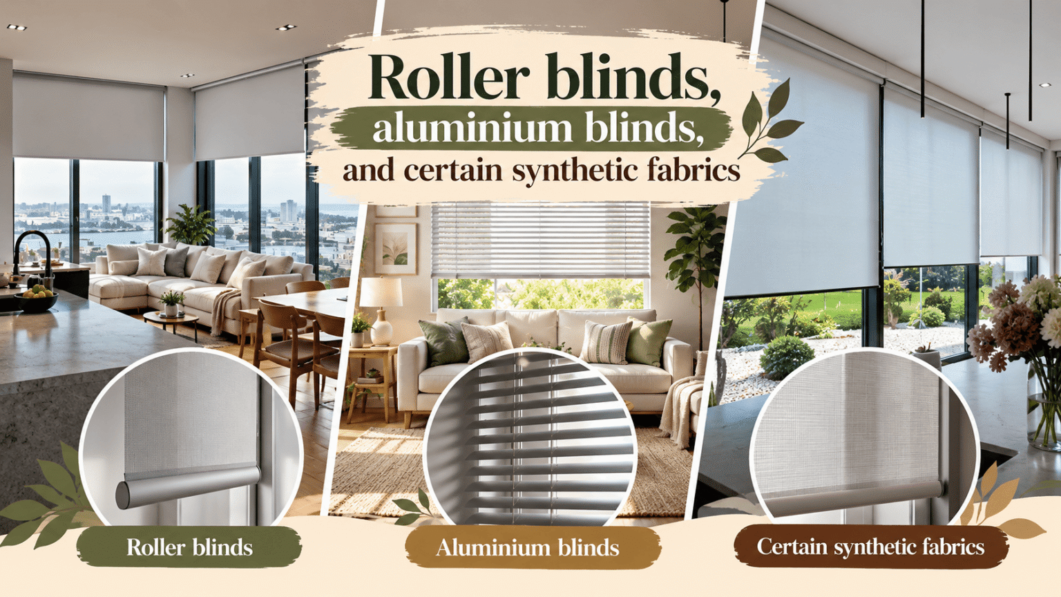 Roller blinds, aluminium blinds, and certain synthetic fabrics